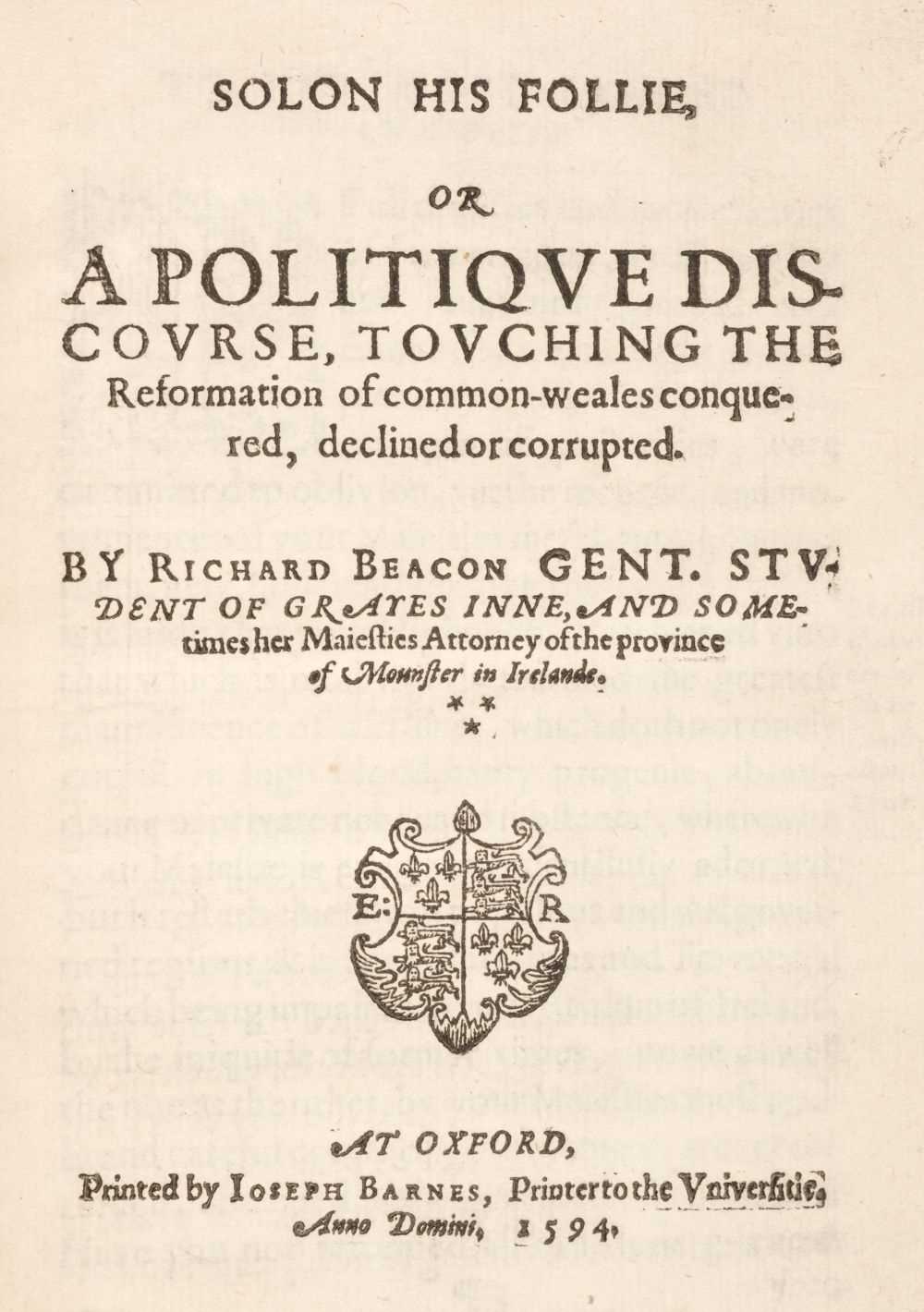 Lot 336 - Beacon or Becon (Richard). Solon his Follie, 1st edition, Oxford, 1594