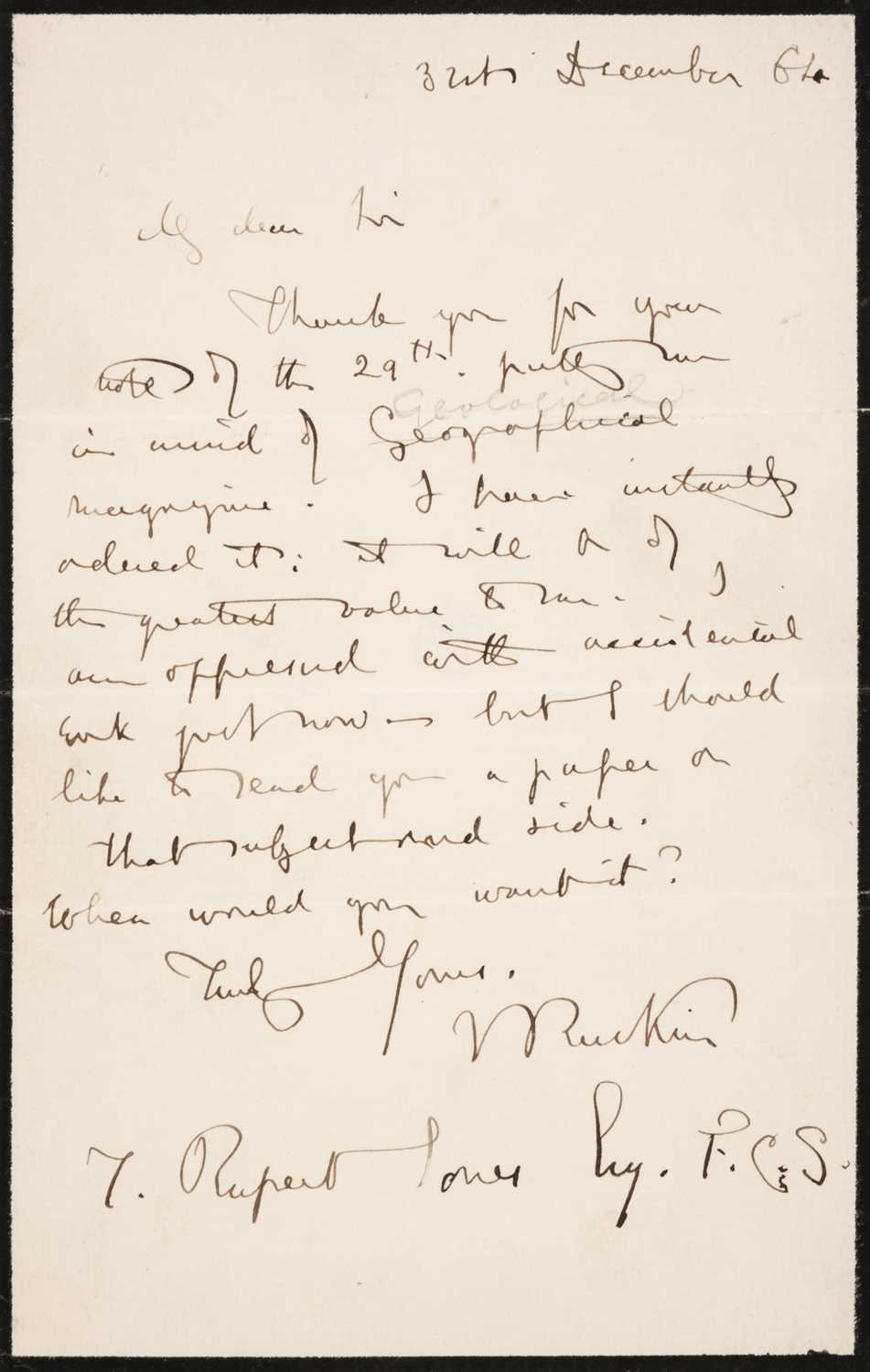 Lot 333 - Ruskin (John, 1819-1900). Autograph letter signed, 'J. Ruskin', 31 December 1864