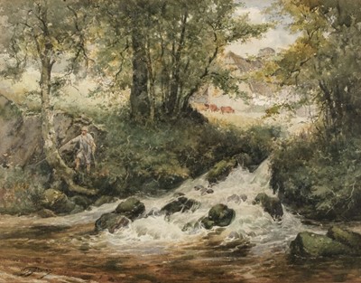 Lot 490 - Stacey (Walter Sydney, 1846-1929). Landscape with fisherman by a rushing stream