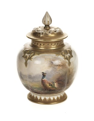 Lot 191 - Royal Worcester. A small vase decorated with pheasants by James Stinton