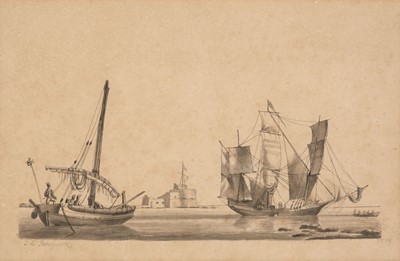 Lot 472 - Hornbrook (Thomas Lyde, 1780-1855). Sailing vessels and a fortification, 1819