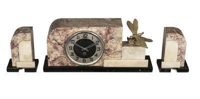 Lot 237 - Clock Garniture. An art deco marble clock garniture