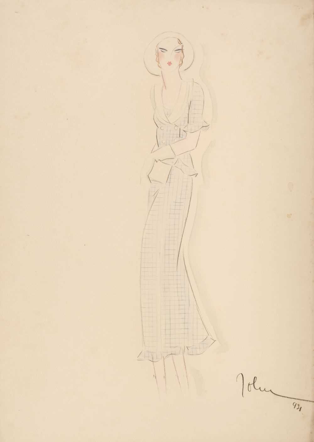 Lot 600 - Guida (John, 1896-1965). Fashion design for a blue and white day dress, circa 1930