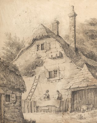 Lot 462 - English School. Thatched cottage with figures, early-mid 19th century