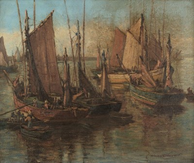 Lot 641 - Cobbett (Hilary Dulcie, 1885-1976). Fishing Boats in the Harbour, Brittany, circa 1930s