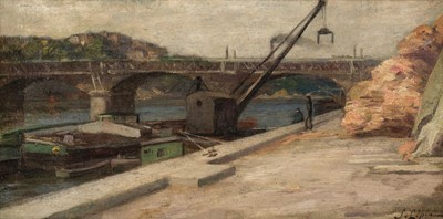 Lot 437 - Lepine (Stanislas, 1835-1892). Quayside, barge and railway bridge on the River Seine