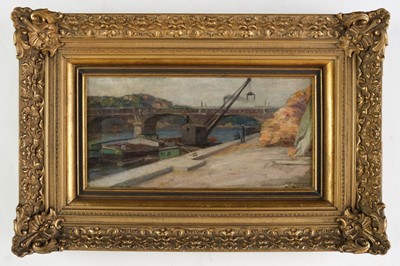 Lot 444 - Lepine (Stanislas, 1835-1892). Quayside, barge and railway bridge on the River Seine