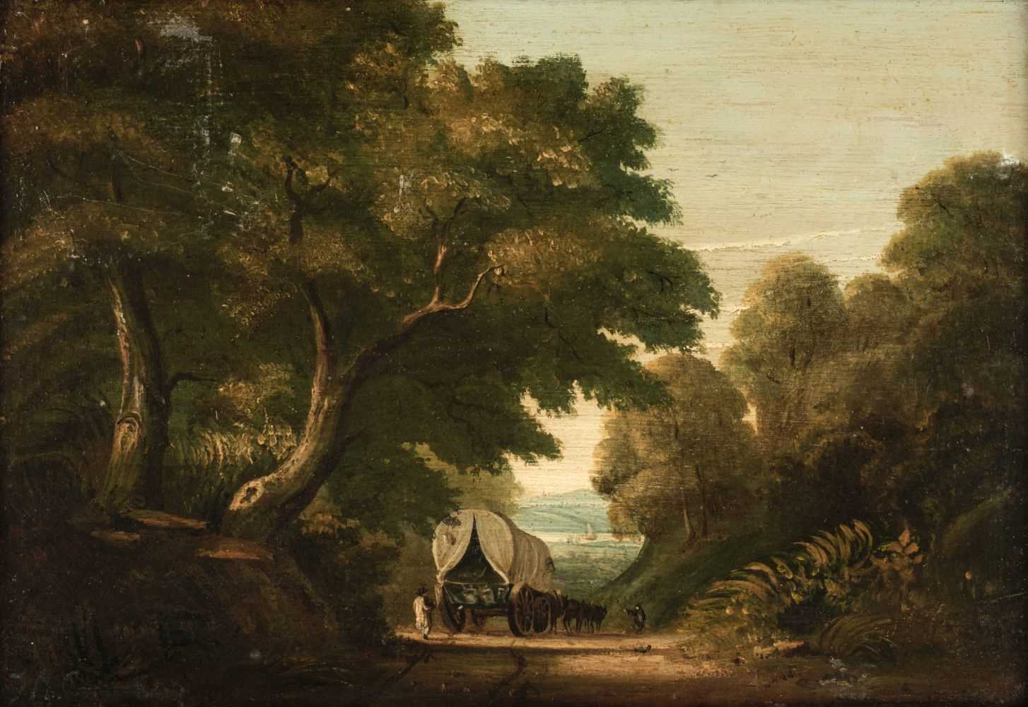 Lot 369 - English School. Rural Landscape with figures and covered wagon on a track