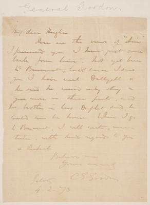 Lot 307 - Gordon (Charles George, 1833-1885). Autograph letter signed, 'C.G. Gordon', 4 February 1873