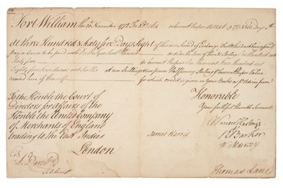 Lot 319 - Hastings (Warren, 1732-1818). Document signed, Fort William [India], 30 November 1772