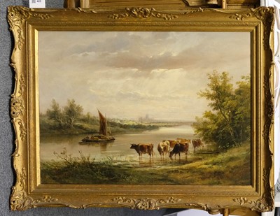Lot 425 - Earp (Henry I, 1831-1914). River landscape with barge, cattle watering, and Gloucester Cathedral