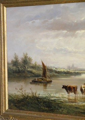 Lot 425 - Earp (Henry I, 1831-1914). River landscape with barge, cattle watering, and Gloucester Cathedral