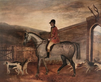 Lot 440 - Naive School. Mounted huntsman and hounds leaving stone archway, mid-late 19th century