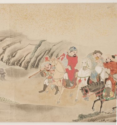Lot 417 - Chinese School. A hand-painted scroll of hunting scenes, animals and figures