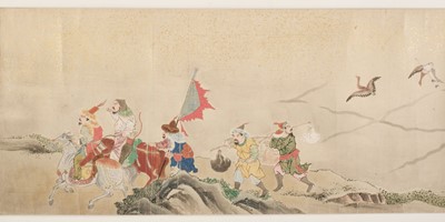 Lot 417 - Chinese School. A hand-painted scroll of hunting scenes, animals and figures
