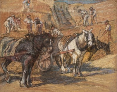 Lot 489 - English School. Quarry workers with horses and carts, early 20th century