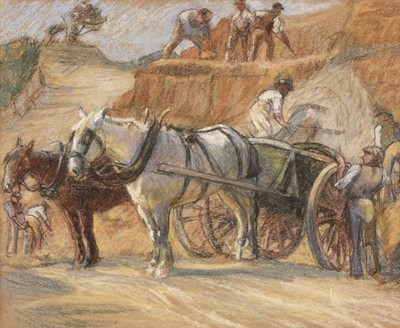 Lot 489 - English School. Quarry workers with horses and carts, early 20th century