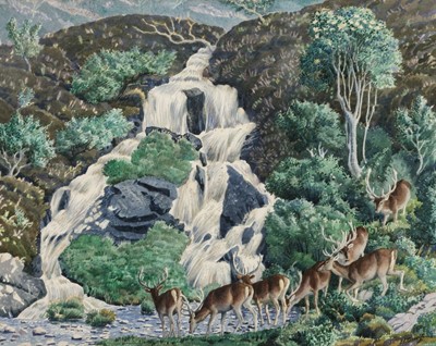 Lot 622 - Tunnicliffe (Charles Frederick, 1901-1979). Red deer watering at the foot of a waterfall