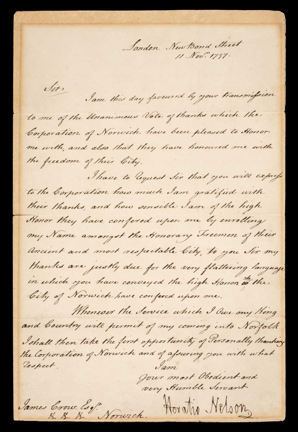Lot 18 - Nelson (Horatio, 1758-1805), A good Letter Signed, ‘Horatio Nelson’, 11 November 1797