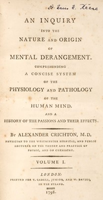 Lot 310 - Crichton (Alexander). An Inquiry into Mental Derangement, 1st edition, 1798, & 1 other