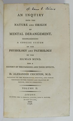 Lot 310 - Crichton (Alexander). An Inquiry into Mental Derangement, 1st edition, 1798, & 1 other