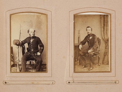 Lot 204 - Miltary Officers. An album containing 10 cabinet cards and 70 cartes de visite