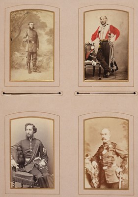 Lot 204 - Miltary Officers. An album containing 10 cabinet cards and 70 cartes de visite