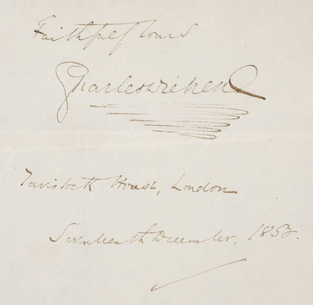Lot 139 - Dickens (Charles, 1812-1870). Autograph sentiment signed, 'Charles Dickens', 17 December 1853