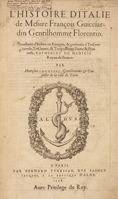 Lot 219 - Guiccardini (Francesco). L'histoire d'Italie, 1st edition in French, 1568
