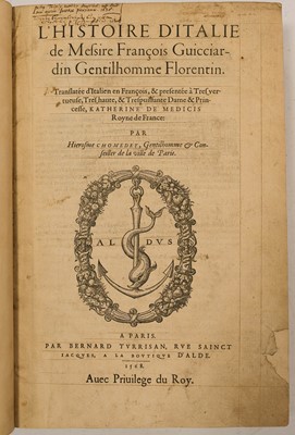 Lot 219 - Guiccardini (Francesco). L'histoire d'Italie, 1st edition in French, 1568