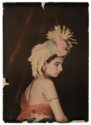 Lot 126 - Autochrome. A large autochrome of a girl wearing an elaborate headdress, c. 1910