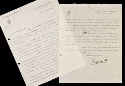 Lot 142 - Edward (Duke of Windsor, 1894-1972). A highly important Typed Letter Signed, Paris, 13 March 1939