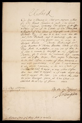 Lot 137 - Charles II (1630-1685), Document Signed, ‘Charles R’, 13 June 1672