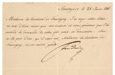 Lot 148 - Frederick I (1754-1816). Letter Signed, ‘Frederic’, Stuttgart, 28 January 1816