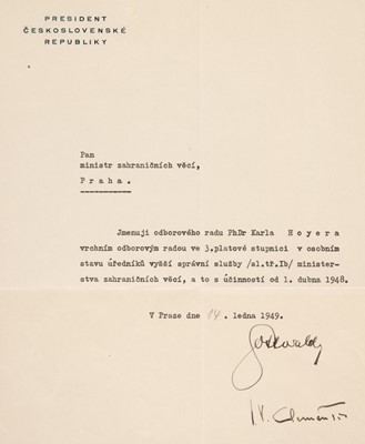 Lot 152 - Gottwald (Klement, 1896-1953), Typed Letter Signed, ‘Gottwald’, Prague, 14 January 1949