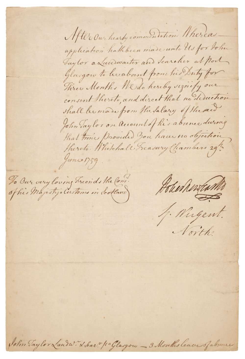 Lot 164 - Newcastle (Duke of, 1693-1768) AND North (Lord, 1732-1792), Document Signed,  29 June 1759