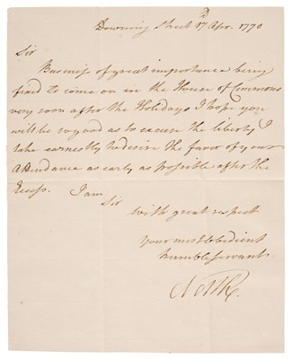 Lot 165 - North (Lord, 1732-1792), Letter Signed, ‘North’, as Prime Minister, Downing Street, 17 April 1770