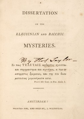 Lot 257 - Taylor (Thomas). A Dissertation on the Eleusinian and Bacchic Mysteries, [1790]