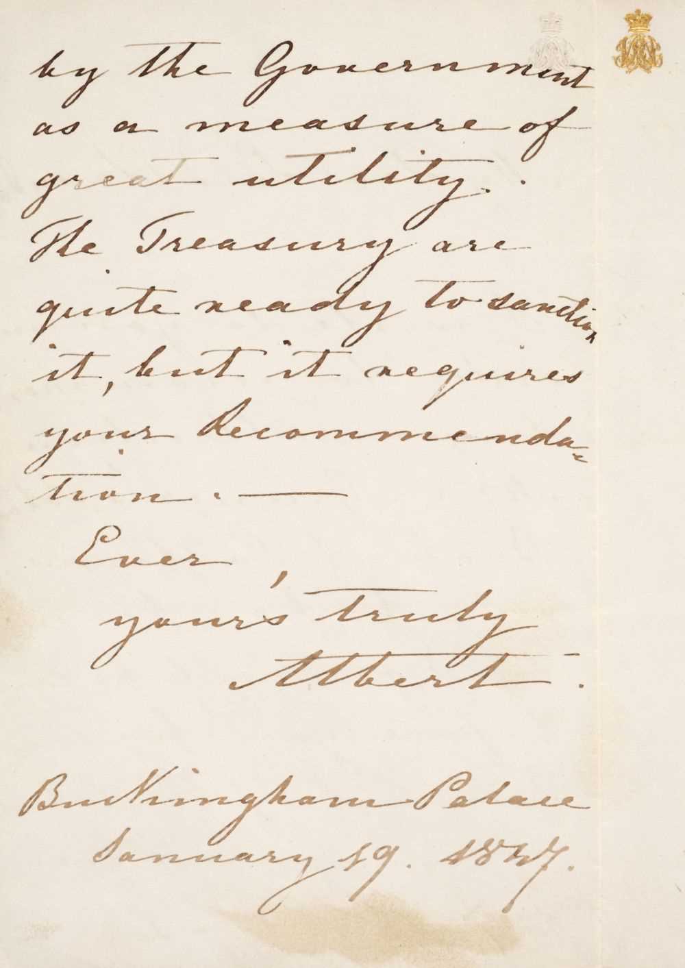 Lot 124 - Albert (Prince, 1819-1861). Autograph Letter Signed, 'Albert', Buckingham Palace, 19 January 1847