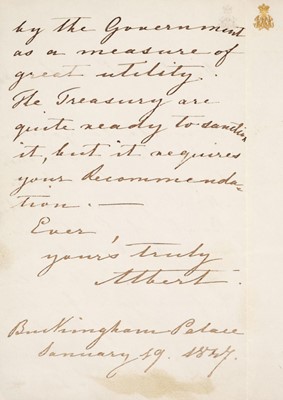 Lot 124 - Albert (Prince, 1819-1861). Autograph Letter Signed, 'Albert', Buckingham Palace, 19 January 1847