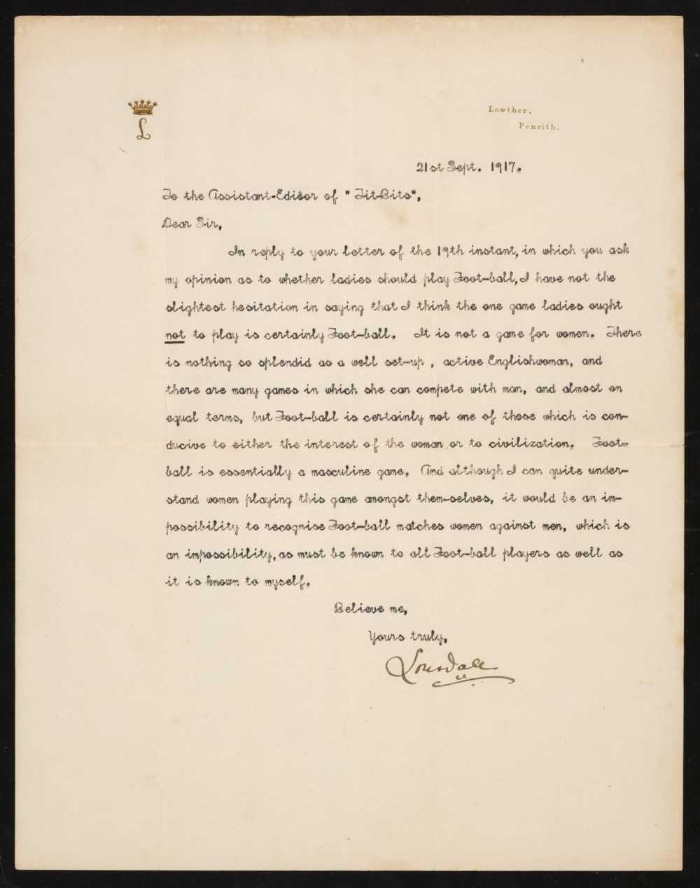 Lot 161 - Lowther (Hugh Cecil, 1857-1944, 5th Earl of Lonsdale). Two Typed Letters Signed, 1914 & 1917