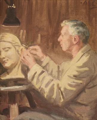 Lot 331 - Cooper (Alfred Egerton). Portrait of Barnes Wallis sculpting a wood carving of his wife Molly