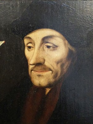 Lot 54 - Follower of Hans Holbein. Portrait of Erasmus, circa 1550, oil on wood panel