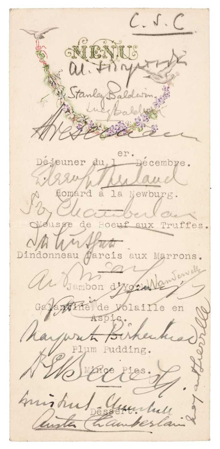 Lot 369 - Churchill (Winston Spencer, 1874-1965). A menu signed by Winston Churchill and 14 others