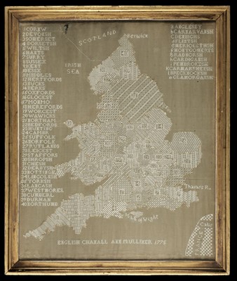 Lot 274 - Sampler. A rare painted gauze sampler of England and Wales, by Ann Mulliner, 1775, & others