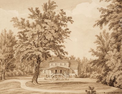 Lot 468 - Domestic Architecture. American gabled house with stepped verandah and figures, circa 1820