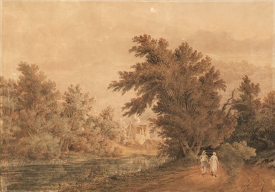 Lot 503 - Varley (John, 1778-1842). A couple on a wooded riverside path with cottages, 1816