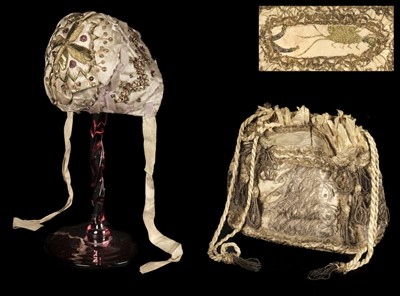 Lot 254 - Embroidery. An 18th century metalwork silk reticule and baby's bonnet