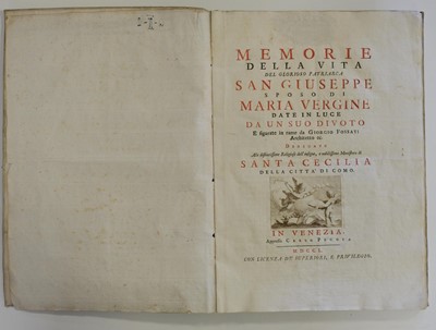 Lot 291 - Fossati (Giorgio). Memorie della vita del ... san Giuseppe figurate in rame, 1st edition, 1750