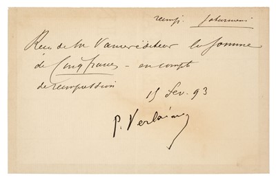 Lot 615 - Verlaine (Paul, 1844-1896). Receipt Signed, 1893